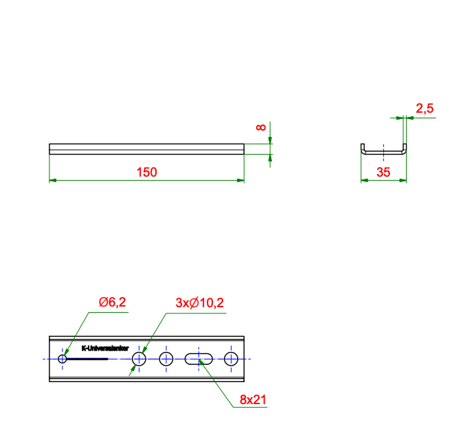 Konsola EL - Ceownik EL-150x2,5, rysunek techniczny z wymiarami KNELSEN