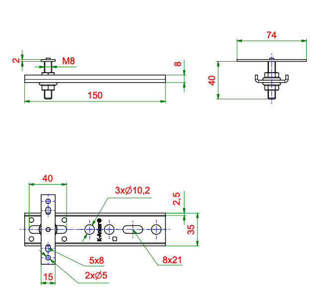 Konsola WM-150x2,5-40, rysunek techniczny z wymiarami KNELSEN
