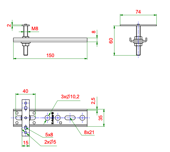 Konsola WM-150x2,5-60, rysunek techniczny z wymiarami KNELSEN