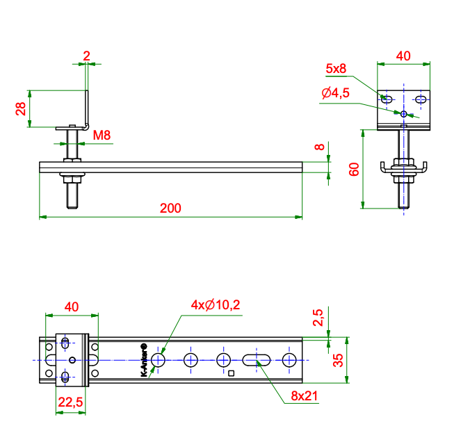Kotwa WU-200x2,5-60, rysunek techniczny z wymiarami KNELSEN