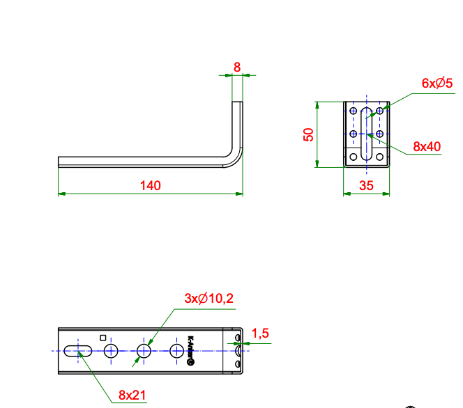 Kątownik do montażu okien Ceownik FMW-50x140x1,5, rysunek techniczny z wymiarami KNELSEN