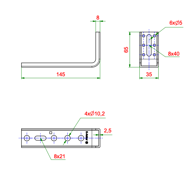 Kątownik do montażu okien Ceownik FMW-65x145x2,5, rysunek techniczny z wymiarami KNELSEN