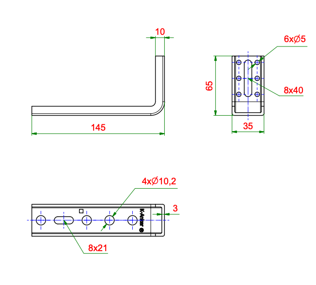 Kątownik do montażu okien Ceownik FMW-65x145x3,0, rysunek techniczny z wymiarami KNELSEN