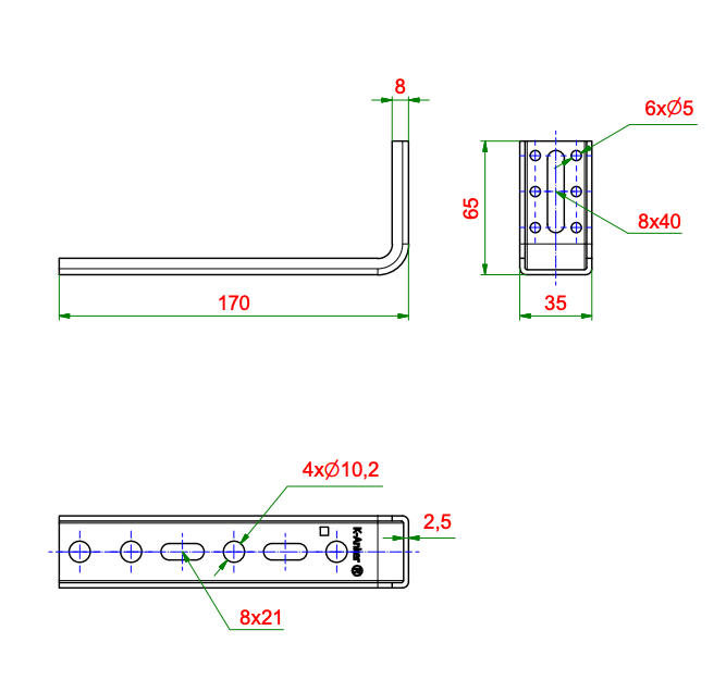 Kątownik do montażu okien Ceownik FMW-65x170x2,5, rysunek techniczny z wymiarami KNELSEN