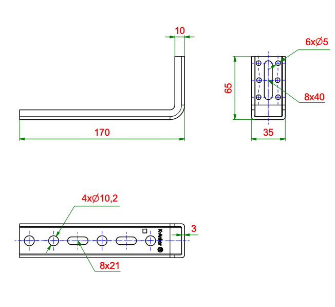 Kątownik do montażu okien Ceownik FMW-65x170x3,0, rysunek techniczny z wymiarami KNELSEN