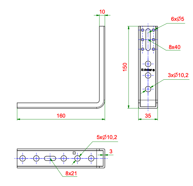 Kątownik do montażu okien Ceownik FMW-150x160x3.0, rysunek techniczny z wymiarami KNELSEN