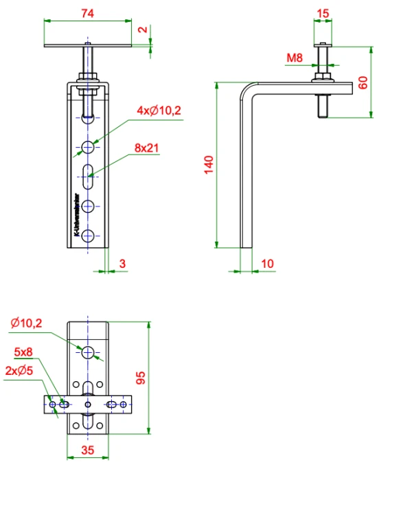 Kątownik do montażu okien Ceownik z elementem regulacyjnym FMW-95x140x3,0-F60, rysunek techniczny z wymiarami KNELSEN