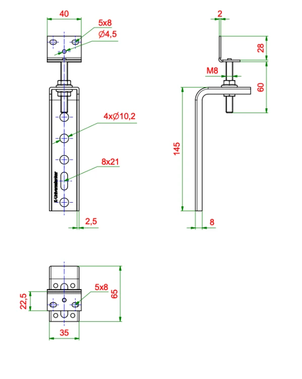 Kątownik do montażu okien Ceownik z elementem regulacyjnym FMW-65x145x2,5-W60, rysunek techniczny z wymiarami KNELSEN