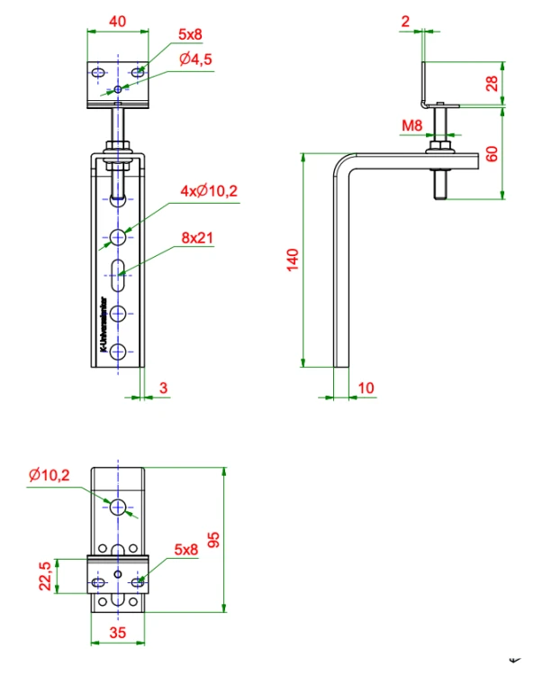 Kątownik do montażu okien Ceownik z elementem regulacyjnym FMW-95x140x3,0-W60, rysunek techniczny z wymiarami KNELSEN