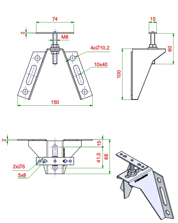Konsola montażowa WS-65x110-F60 (Przyłącze płaskie M8x60), rysunek techniczny z wymiarami KNELSEN
