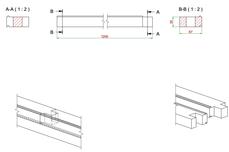 MTF-System 67x30 - Podwalina, rysunek techniczny z wymiarami KNELSEN