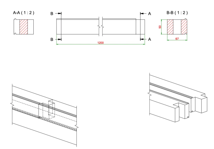 MTF-System 67x50 - Podwalina, rysunek techniczny z wymiarami KNELSEN