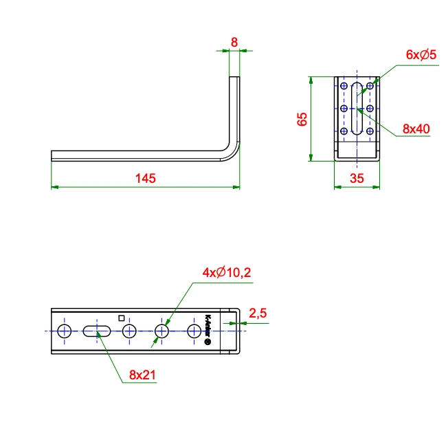 Kątownik do montażu okien Ceownik FMW-65x145x2,5, rysunek techniczny z wymiarami