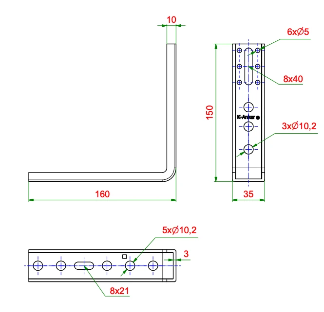 Kątownik do montażu okien Ceownik FMW-150x160x3.0, rysunek techniczny z wymiarami
