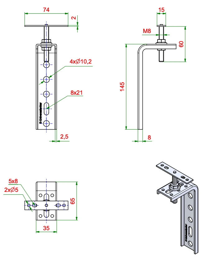 Kątownik do montażu okien Ceownik z elementem regulacyjnym FMW-65x145x2,5-F60, rysunek techniczny z wymiarami