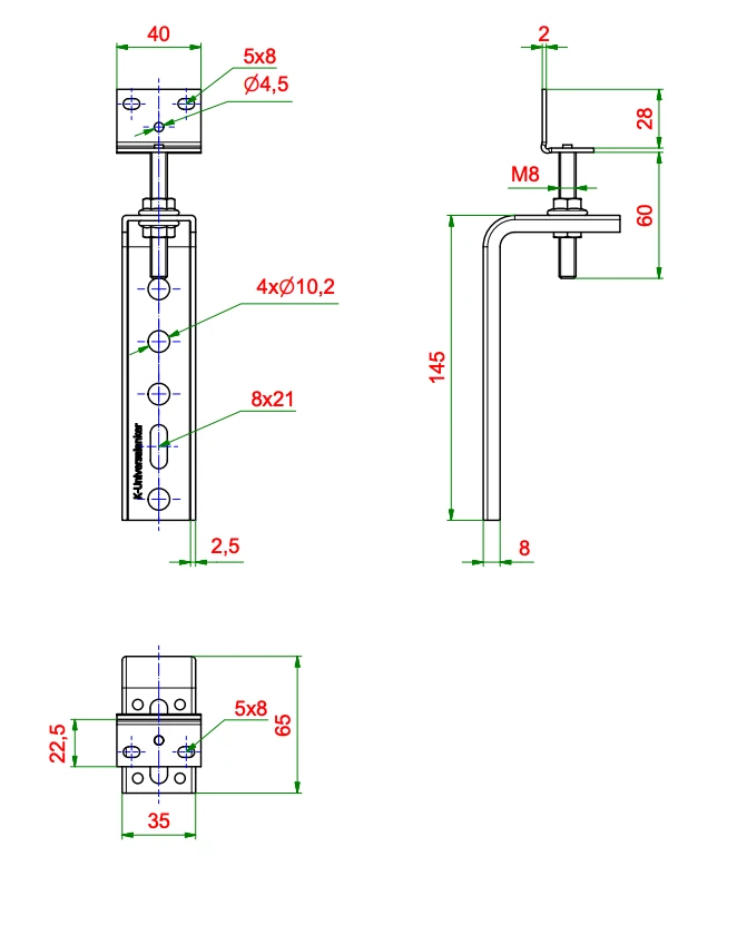 Kątownik do montażu okien Ceownik z elementem regulacyjnym FMW-65x145x2,5-W60, rysunek techniczny z wymiarami