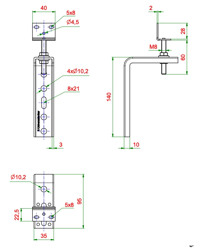 Kątownik do montażu okien Ceownik z elementem regulacyjnym FMW-95x140x3,0-W60, rysunek techniczny z wymiarami